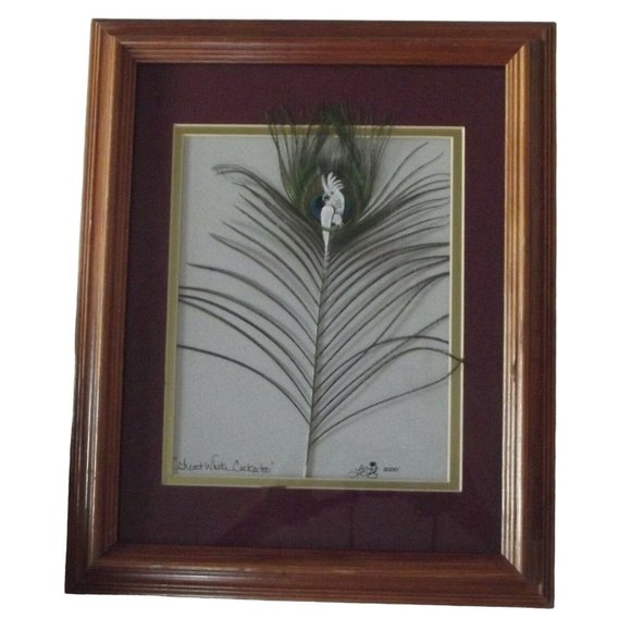 Great White Cockatoo Hand Painted Turkey Feather Framed Picture 16.5" X 13.5" - Picture 1 of 12